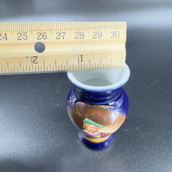 Antique Hand Painted Portrait Porcelain Small Miniature Vase Cobalt Blue VTG - Picture 5 of 15